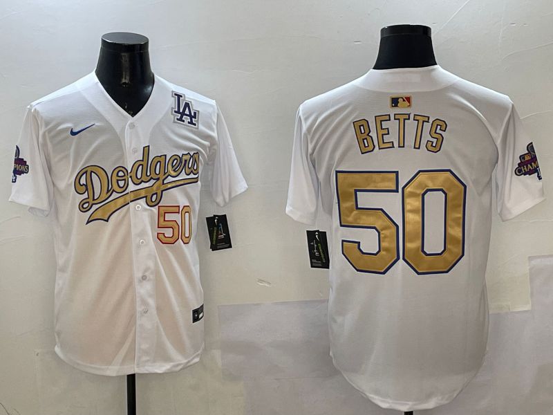Men Los Angeles Dodgers 50 Betts White Champion gold character 2025 Nike MLB Jersey style 5